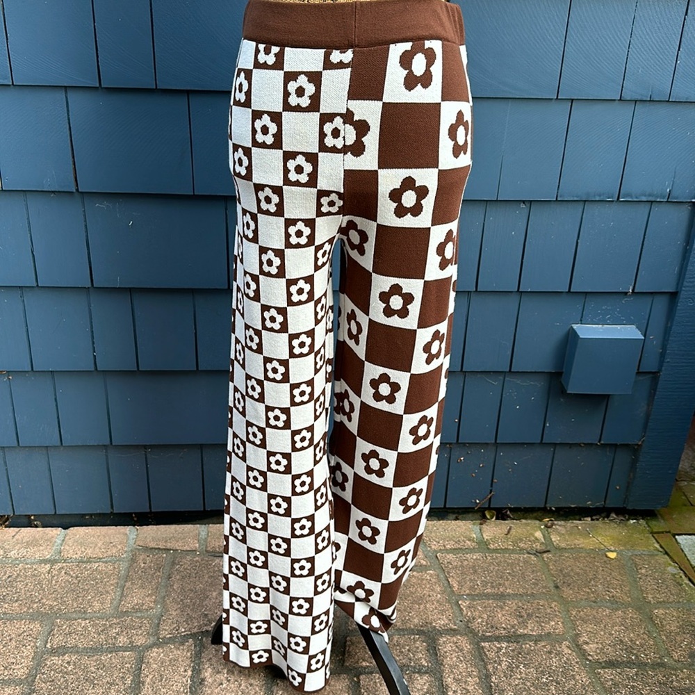 VGUC Brown/White Two-Toned Floral & Checkered Wide Leg Stretch Pants Women’s Lg